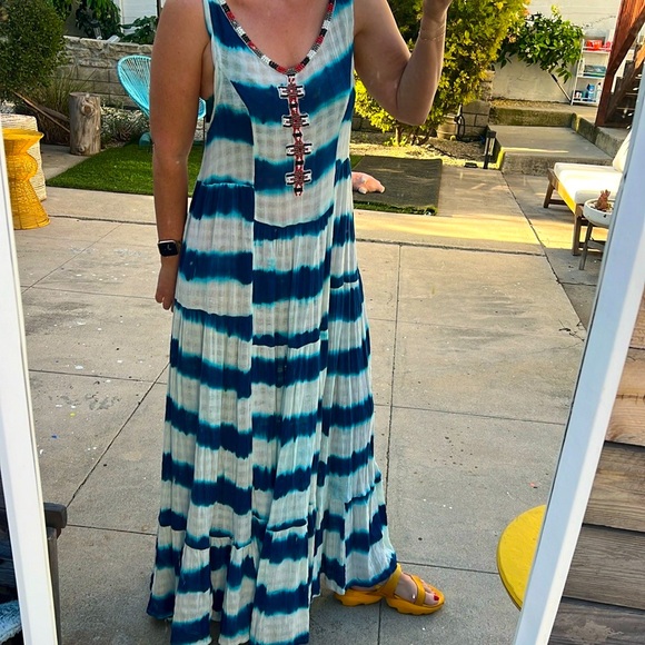 Free People gauze indigo dyed beaded  striped maxi dress XS - Picture 3 of 11